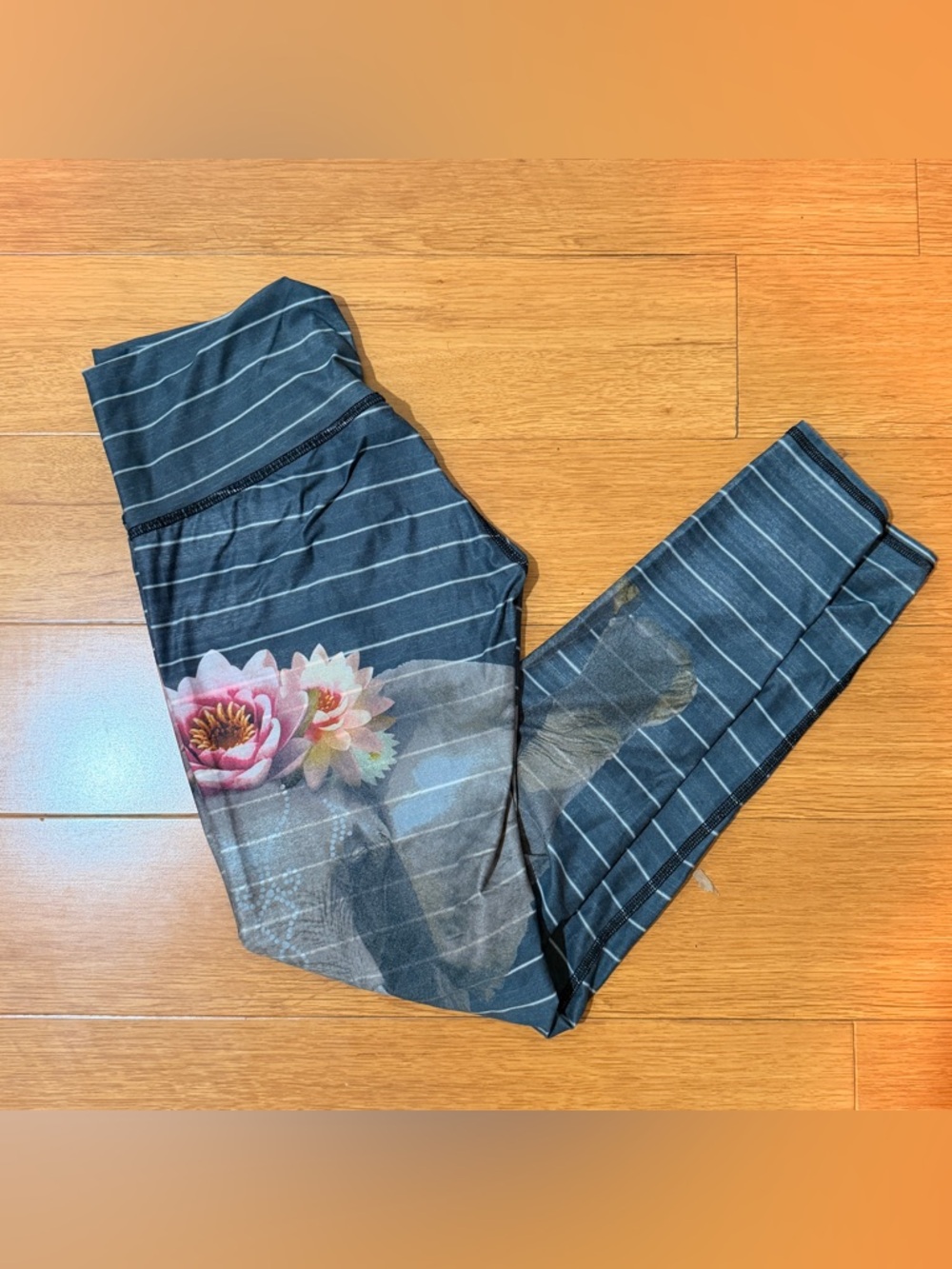 teeki Navy Striped Leggings with Pink Floral Accent